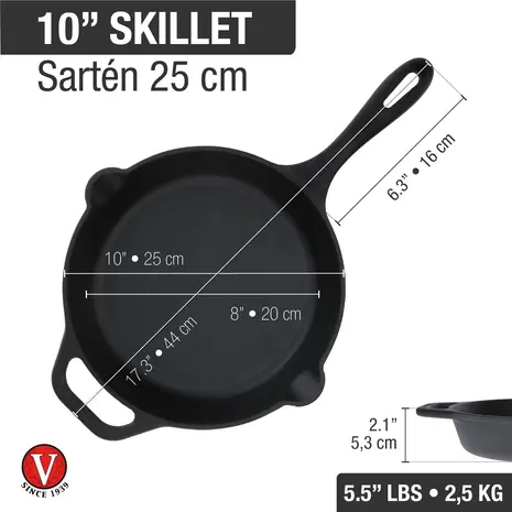 Victoria Cast iron skillet with a long handle and dual pour spouts, 25 cm