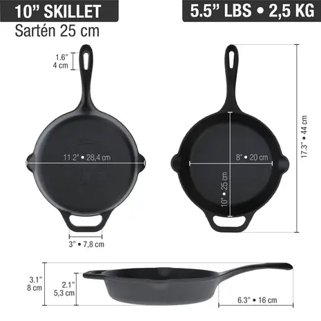 Victoria Cast iron skillet with a long handle and dual pour spouts, 25 cm