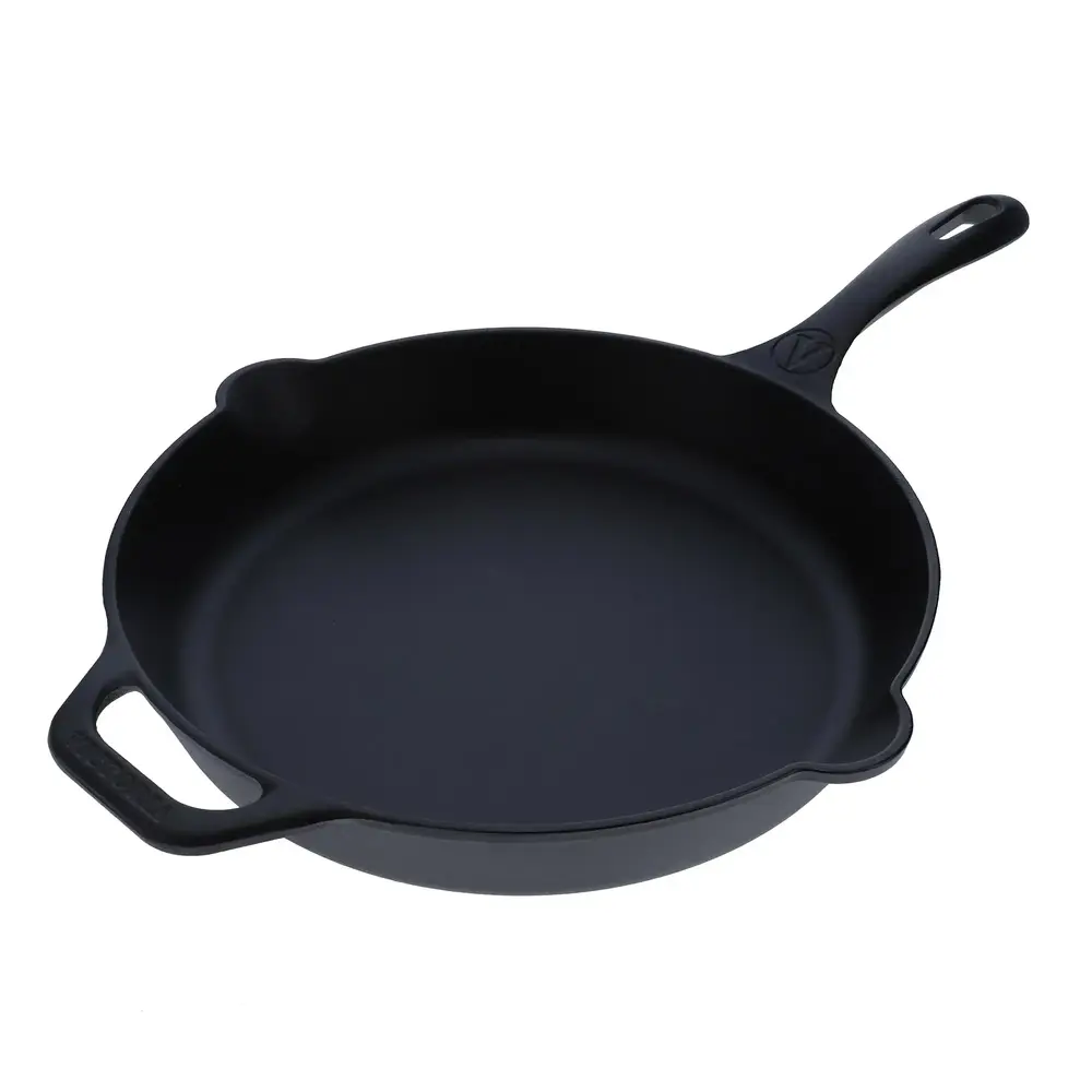 Victoria Geëmailleerde gietijzeren koekenpan met lange steel en dubbele giettuiten, 30 cm