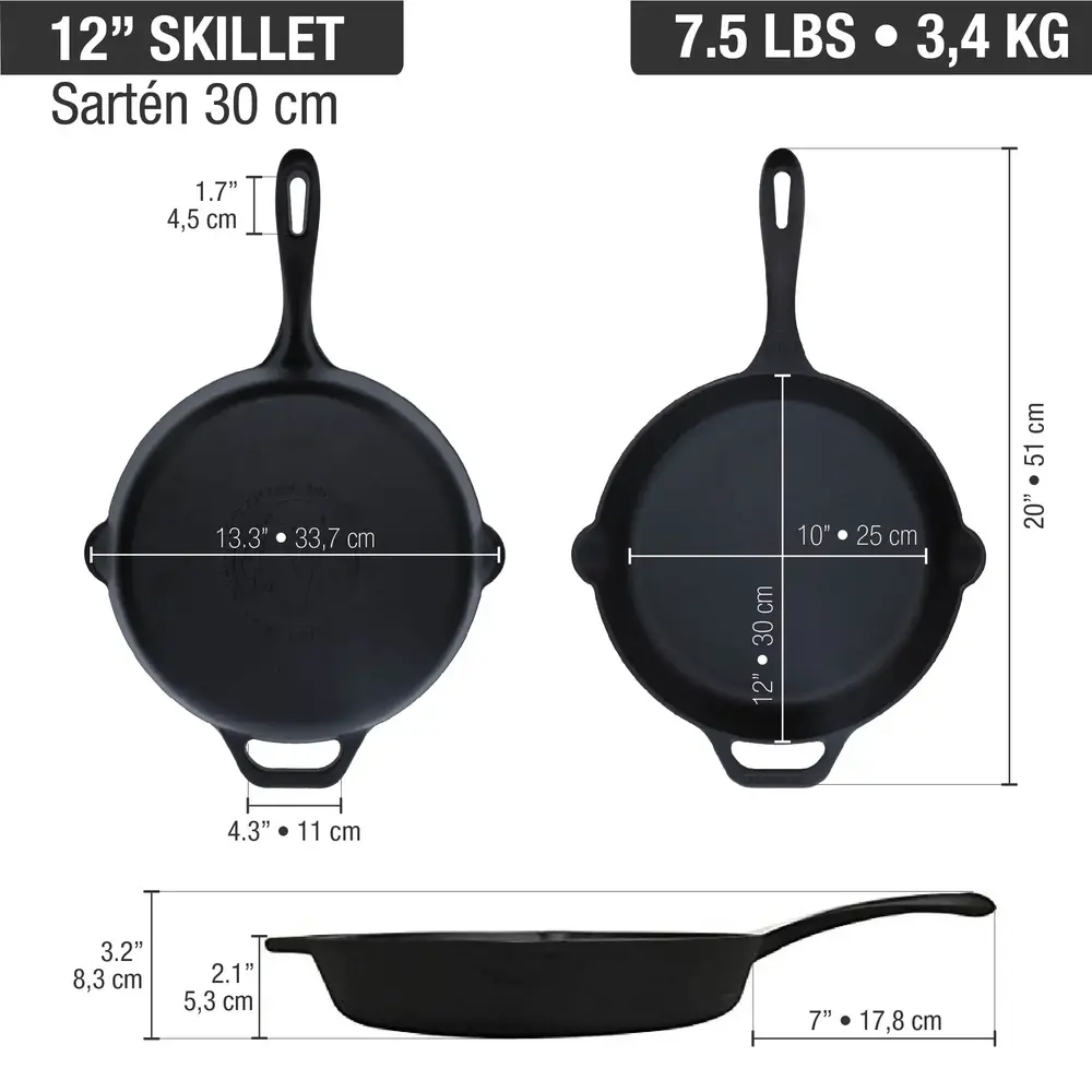 Victoria Gietijzeren koekenpan met lange steel en dubbele giettuiten, 30 cm
