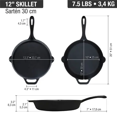 Victoria Cast iron skillet with a long handle and dual pour spouts, 30 cm