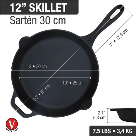 Victoria Gietijzeren koekenpan met lange steel en dubbele giettuiten, 30 cm