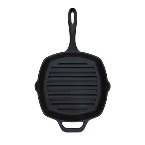 Victoria Geëmailleerde gietijzeren vierkante grillpan met ribbels, giettuiten en hulphandvat, 25 x 25 cm