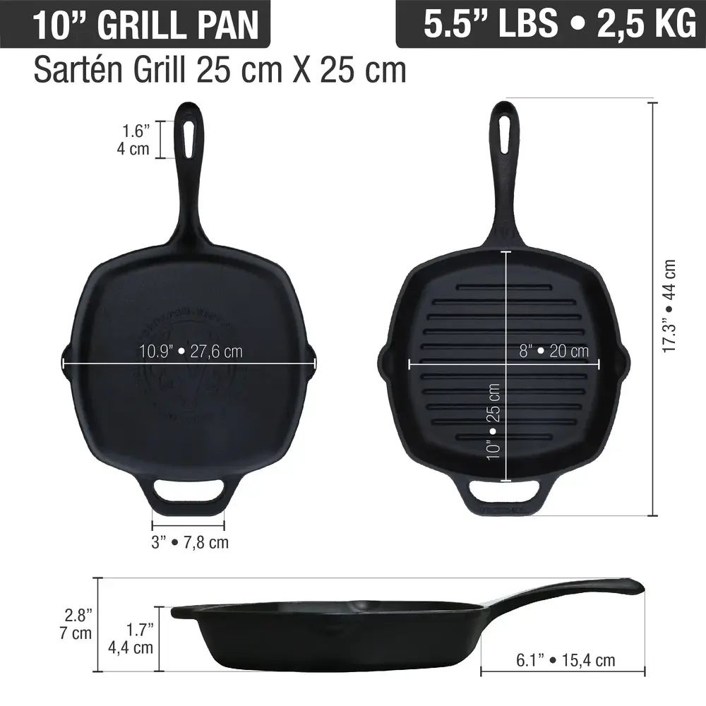 Victoria Enameled cast iron square grill pan with ridges, dual spouts and helper handle, 25 x 25 cm