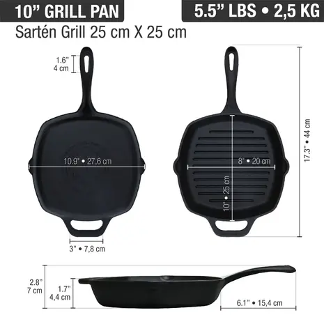 Victoria Enameled cast iron square grill pan with ridges, dual spouts and helper handle, 25 x 25 cm