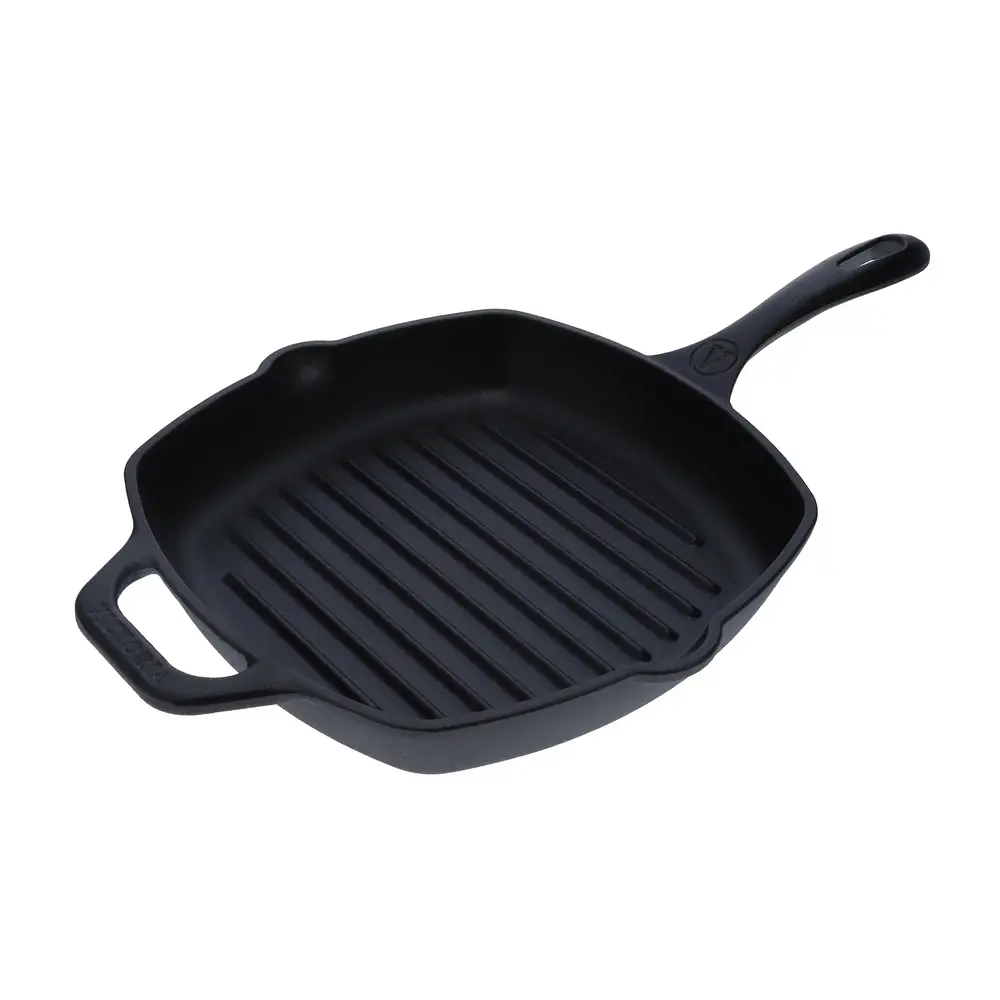 Victoria Gietijzeren vierkante grillpan met ribbels, giettuiten en hulphandvat, 25 x 25 cm