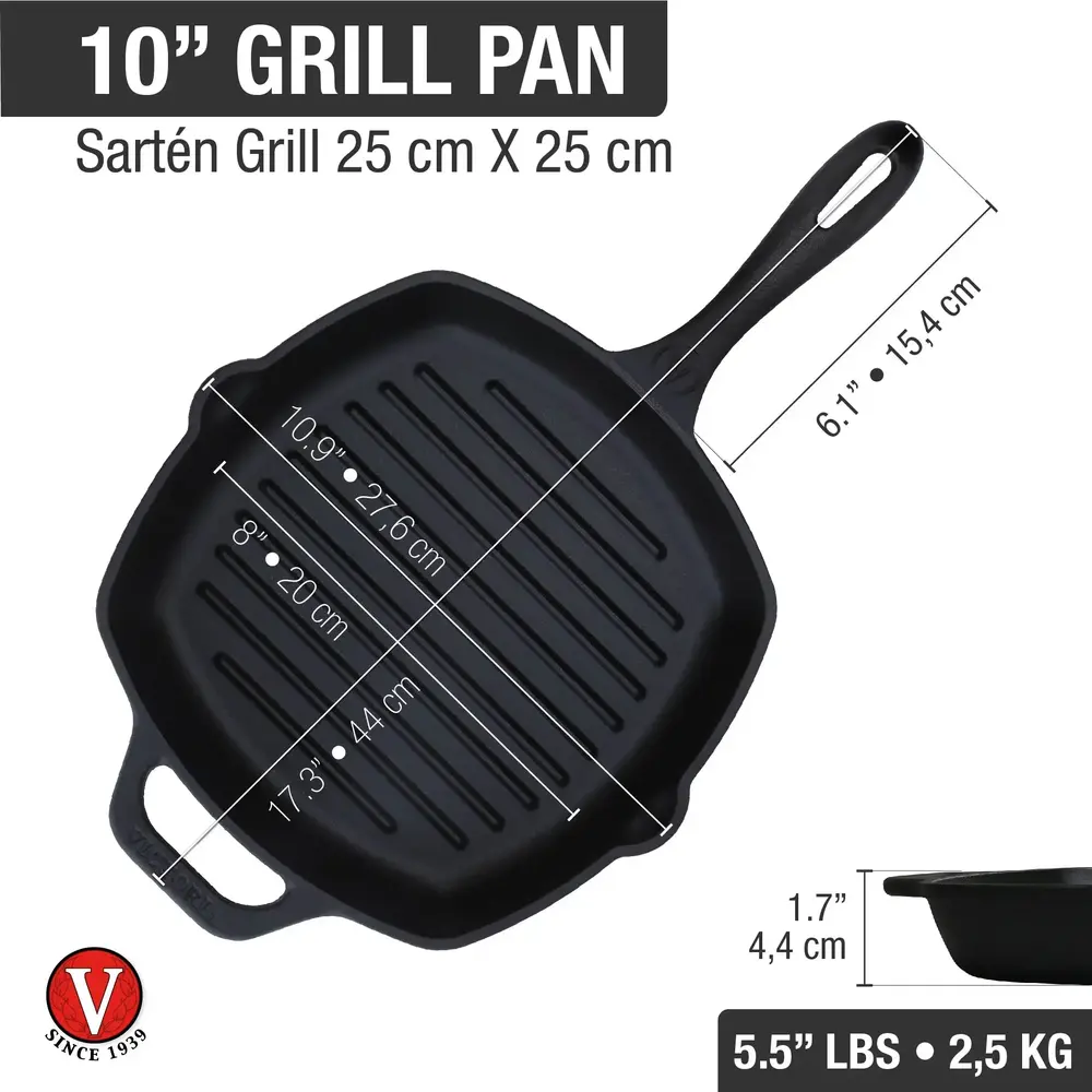 Victoria Gietijzeren vierkante grillpan met ribbels, giettuiten en hulphandvat, 25 x 25 cm