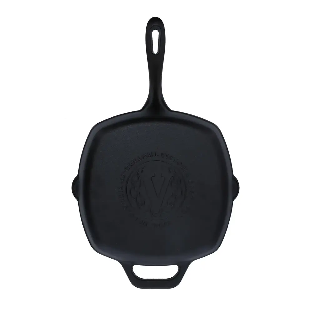 Victoria Cast iron square grill pan with ridges, dual spouts and helper handle, 25 x 25 cm