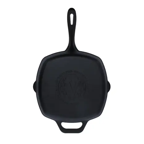 Victoria Cast iron square grill pan with ridges, dual spouts and helper handle, 25 x 25 cm