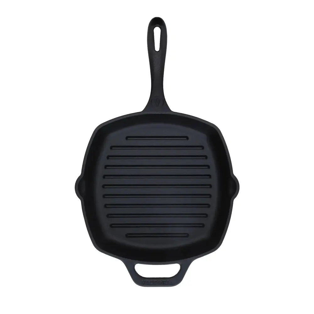 Victoria Cast iron square grill pan with ridges, dual spouts and helper handle, 25 x 25 cm