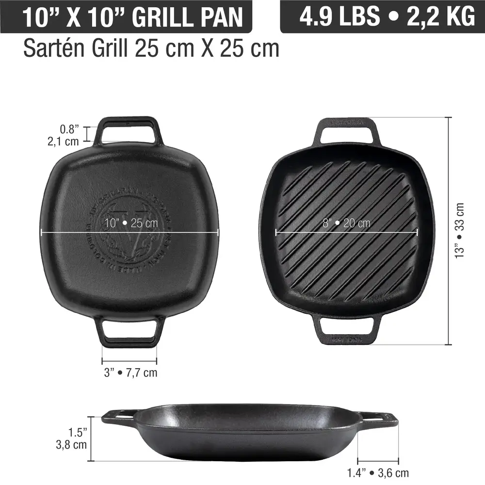 Victoria Enameled cast iron square grill pan with raised ridges and double loop handles