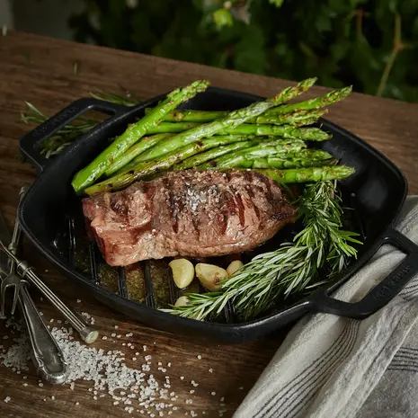 Victoria Gietijzeren vierkante grillpan met verhoogde ribbels en dubbele lushandvatten