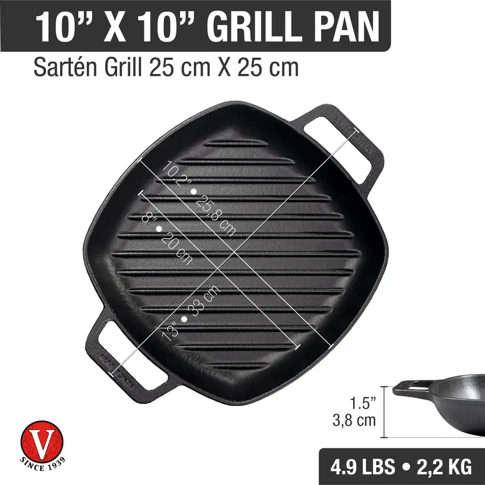 Victoria Gietijzeren vierkante grillpan met verhoogde ribbels en dubbele lushandvatten
