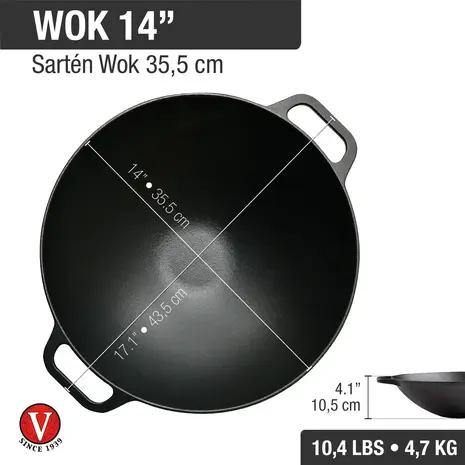Victoria Enameled cast iron wok with flat base and two loop handles, 35.5 cm Victoria Enameled cast iron wok with flat base and two loop handles, 35.5 cm