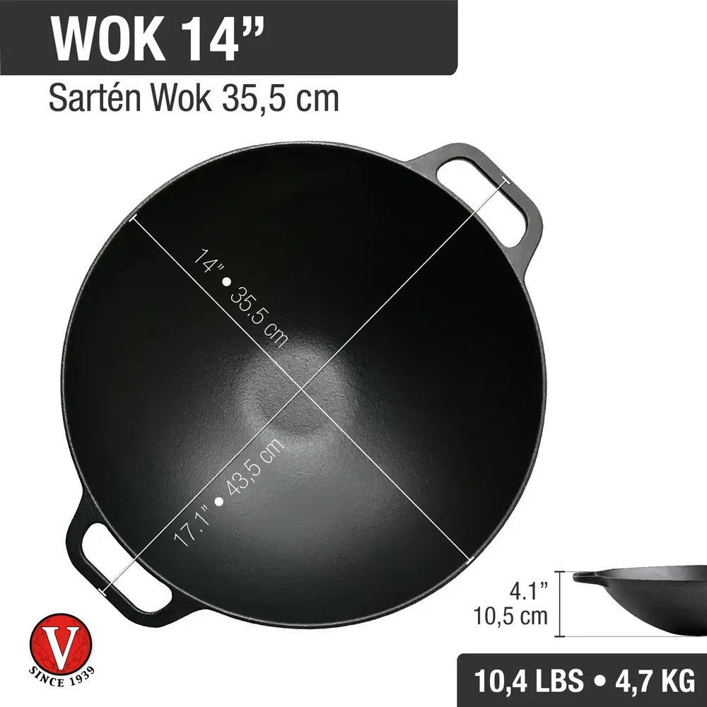Victoria Gietijzeren wok met platte bodem en twee lushandvatten, 35,5 cm