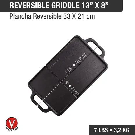 Victoria Reversible cast iron griddle with flat and ridged sides, 33 x 21 cm