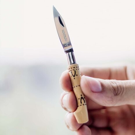 Nontron mini pocket knife No. 10 with clog-shaped handle in woodburned boxwood with traditional pyrographed motifs, 4 cm Z40C13 stainless steel blade
