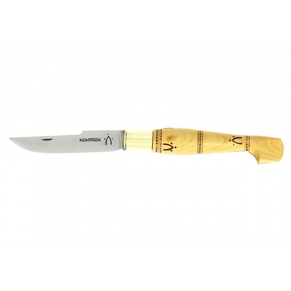 Nontron pocket knife No. 25, Catalan blade with clog-shaped handle in woodburned boxwood with traditional pyrographed motifs, 9 cm T12 steel blade
