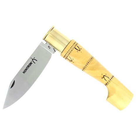 Nontron pocket knife No. 50 with clog-shaped handle in woodburned boxwood with traditional pyrographed motifs, 10 cm T12 steel blade