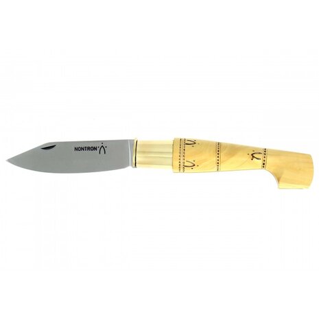 Nontron pocket knife No. 50 with clog-shaped handle in woodburned boxwood with traditional pyrographed motifs, 10 cm T12 steel blade