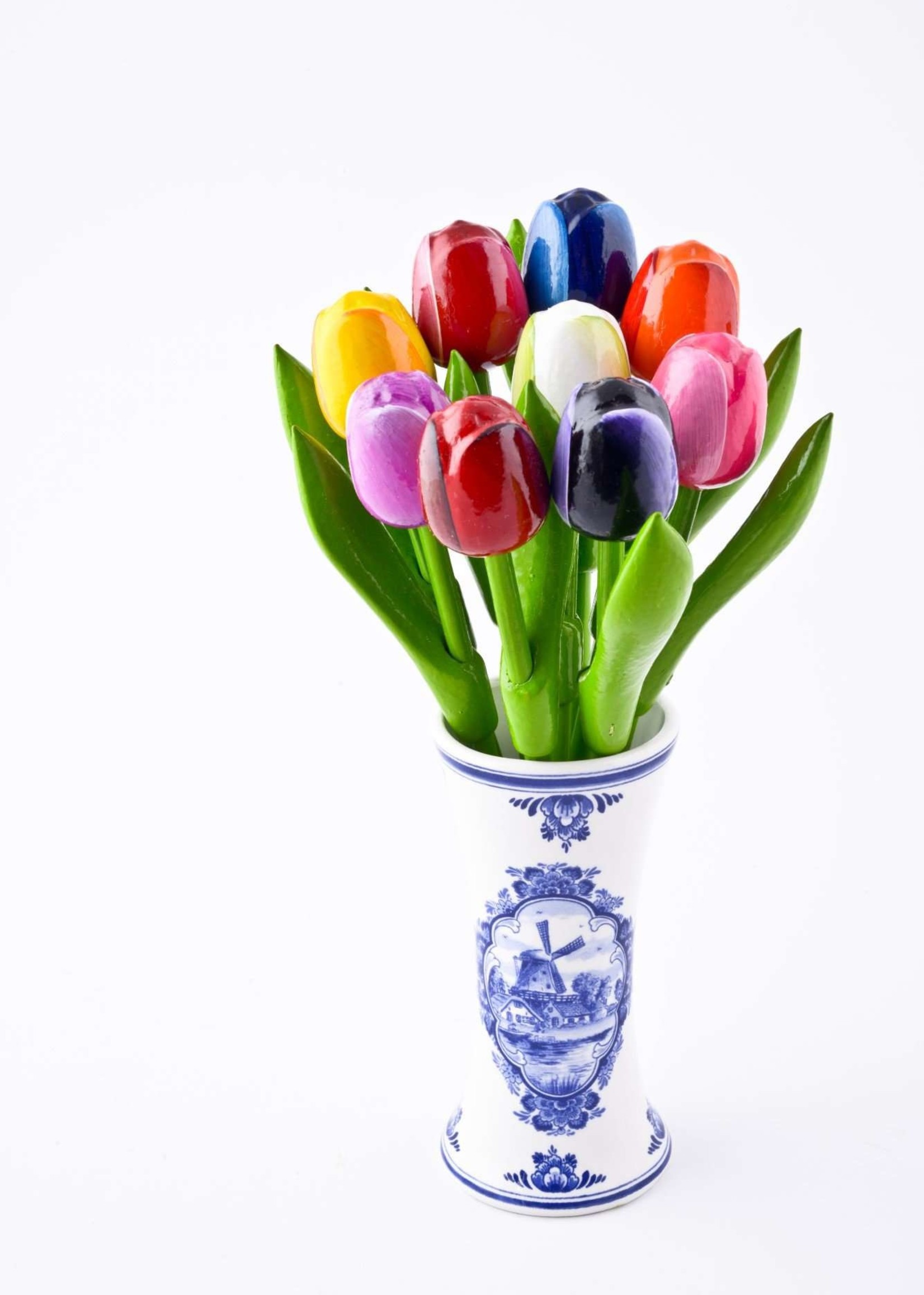 Delft Blue Vase with 9 Small Wooden Tulips