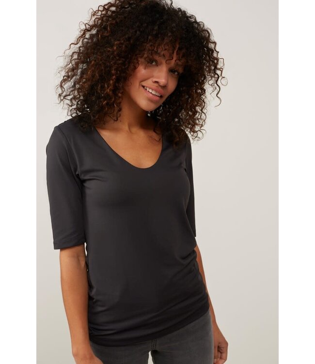 YAYA Round V-neck top with half sleeves - PIRATE BLACK