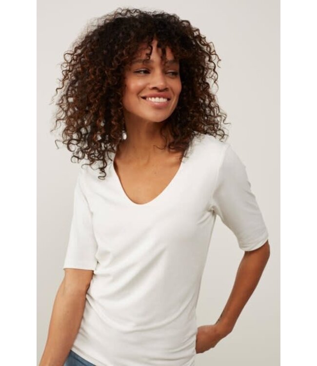 YAYA Round V-neck top with half sleeves - OFF WHITE