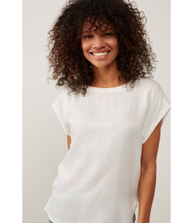 YAYA Cupro blend fabric mix T-shirt with rounded hems - OFF WHITE