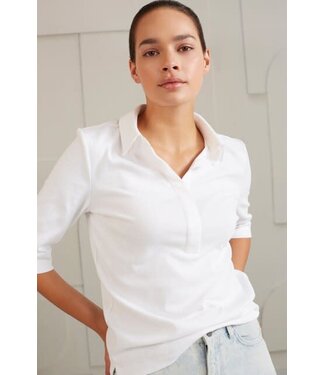 YAYA Fine rib jersey polo top - PURE WHITE