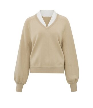 YAYA V-neck with woven detail sweater ls - WHITE PEPPER BEIGE