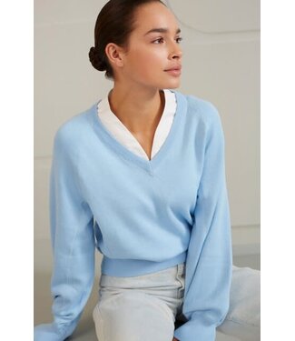 YAYA V-neck with woven detail sweater ls - CERULEAN BLUE