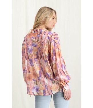 YAYA Printed oversized blouse w functional coard at back and slv - FLAMINGO PLUME PINK DESSIN