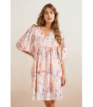 YAYA Printed dress w. ballon slv - FLAMINGO PLUME PINK DESSIN