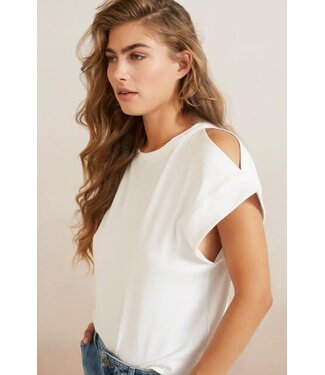 YAYA Top with open shoulder and rib details - PURE WHITE