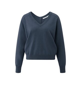 YAYA Double v-neck sweater with buttons at back - CHINA BLUE MELANGE