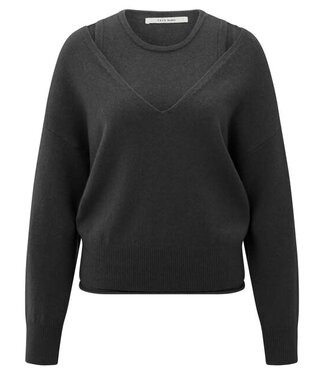 YAYA Deep v-neck sweater with top - OYSTER BLACK MELANGE YAYA Deep v-neck sweater with top - OYSTER BLACK MELANGE
