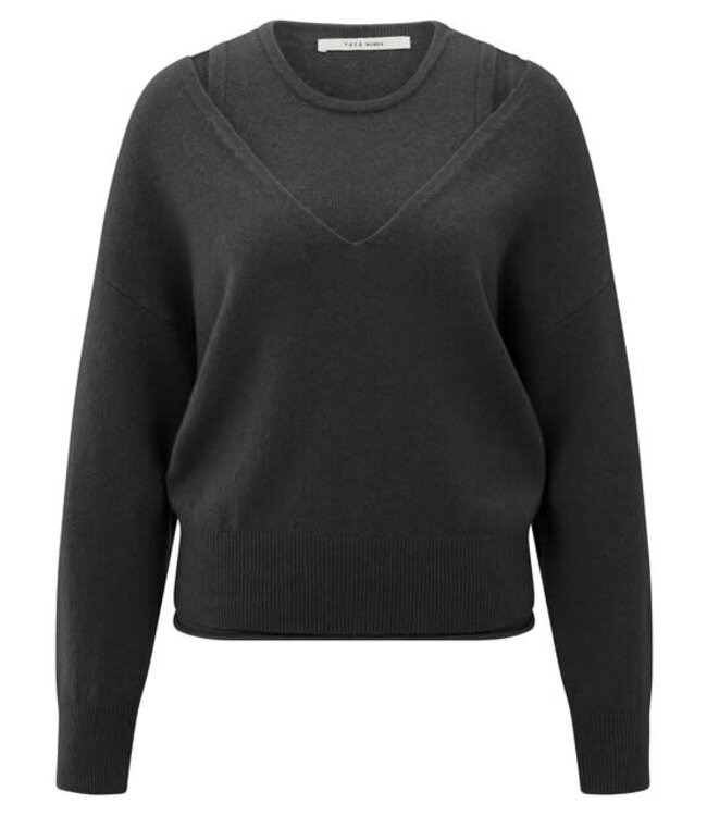 YAYA Deep v-neck sweater with top - OYSTER BLACK MELANGE