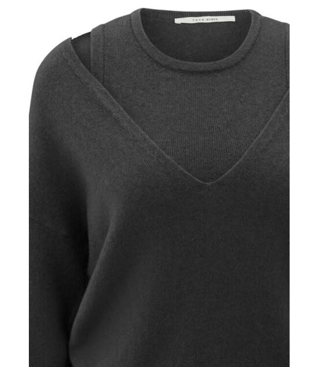 YAYA Deep v-neck sweater with top - OYSTER BLACK MELANGE