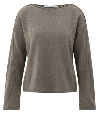 YAYA Boatneck sweater with fringes - BROWN MELANGE