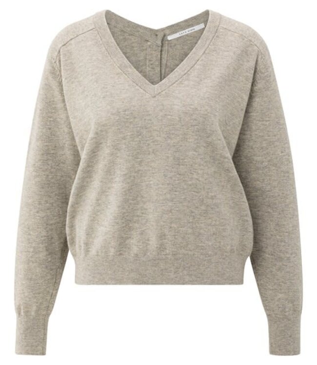 YAYA Double v-neck sweater with buttons at back - BROWNISH GREY