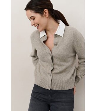 YAYA Cardigan with detachable woven collar - BROWNISH GREY