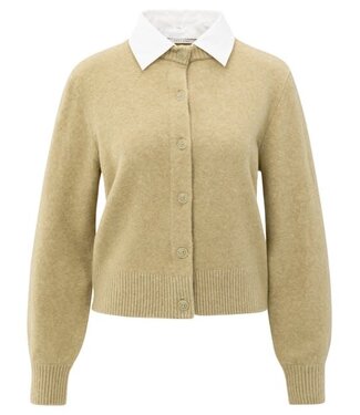 YAYA Cardigan with detachable woven collar - PALE OLIVE GREEN