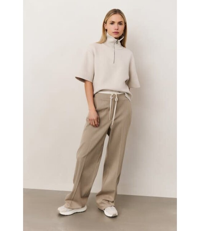 YAYA Woven wide leg trousers with contrast waistband and cord - SAND BEIGE MELANGE