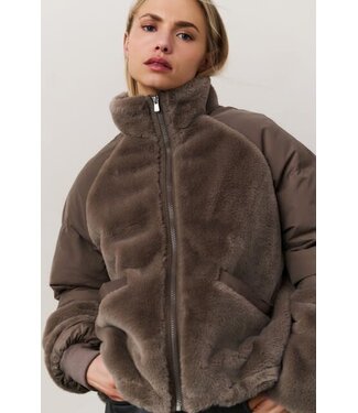 YAYA Faux fur jacket with padded nylon sleeves - BROWN