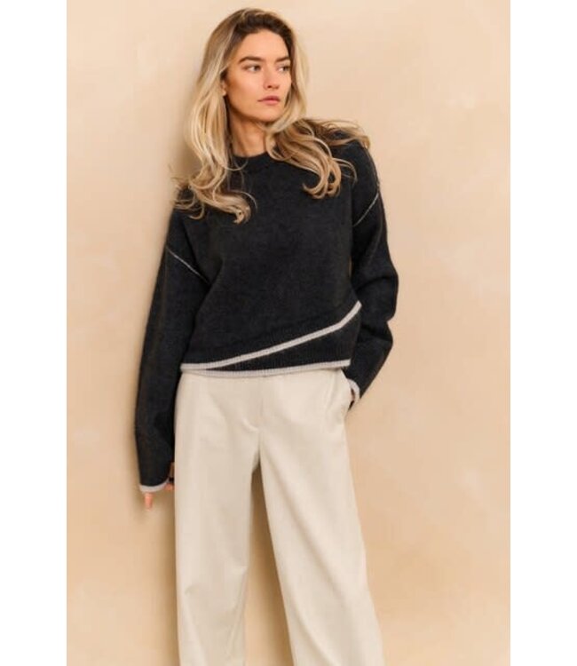 YAYA Knitted sweater with contrasting lines - COLLEGIATE BLUE MELANGE