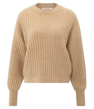 YAYA Ribbed sweater with round neck and long sleeves - LIGHT CAMEL