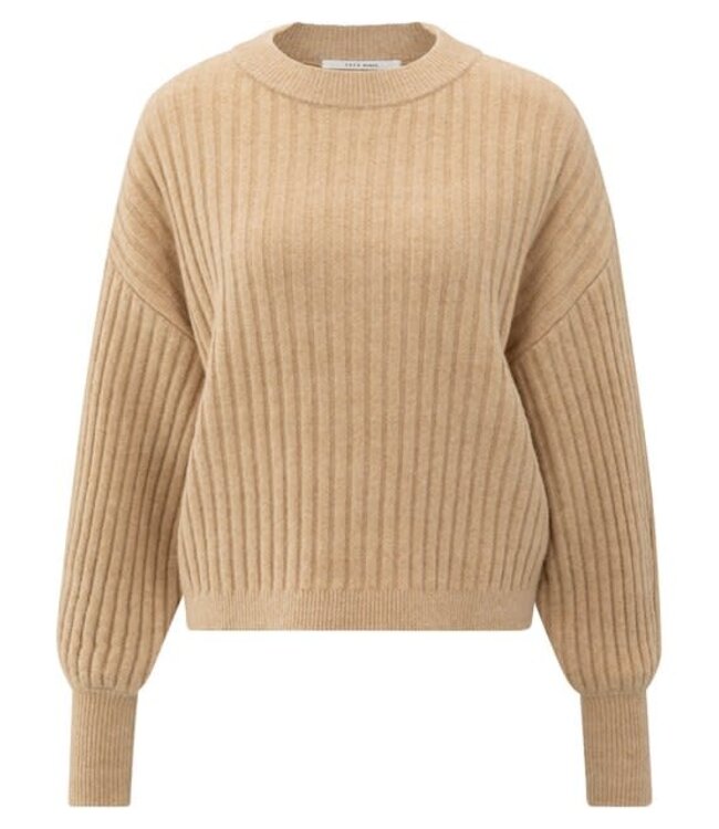 YAYA Ribbed sweater with round neck and long sleeves - LIGHT CAMEL