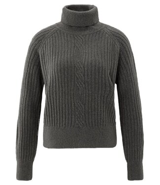 YAYA Ribbed turtleneck sweater with cable detail and long sleeves - DARK TAUPE GREY MELANGE