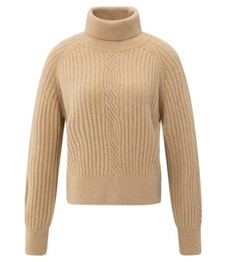 YAYA Ribbed turtleneck sweater with cable detail and long sleeves - LIGHT CAMEL MELANGE