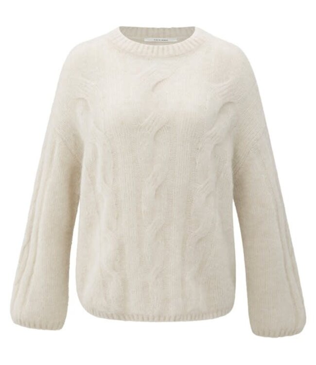 YAYA Soft cable knit sweater with round neck and long sleeves - WOOL WHITE